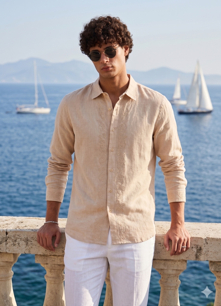 Premium Embroidered Beige Linen Shirt