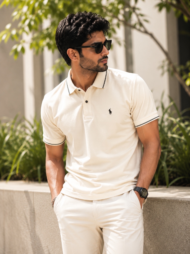 Handsome Model wearing Cream Polo Tee