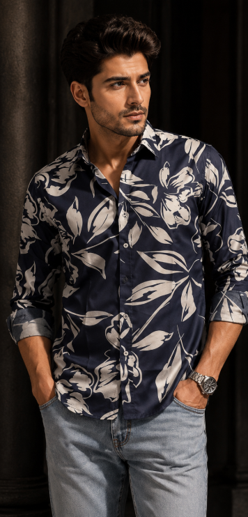 Premium Navy Leaf Print Shirt